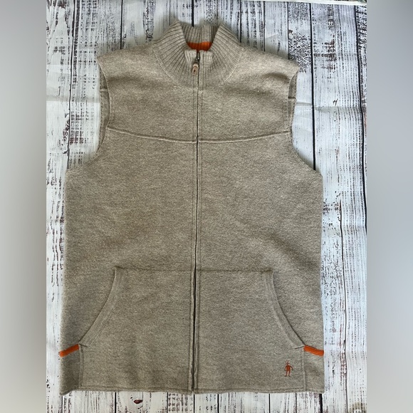 Smartwool Vest Unisex Cream Orange Stripe 100% Merino Wool Pockets Size Lg EUC - Picture 1 of 9